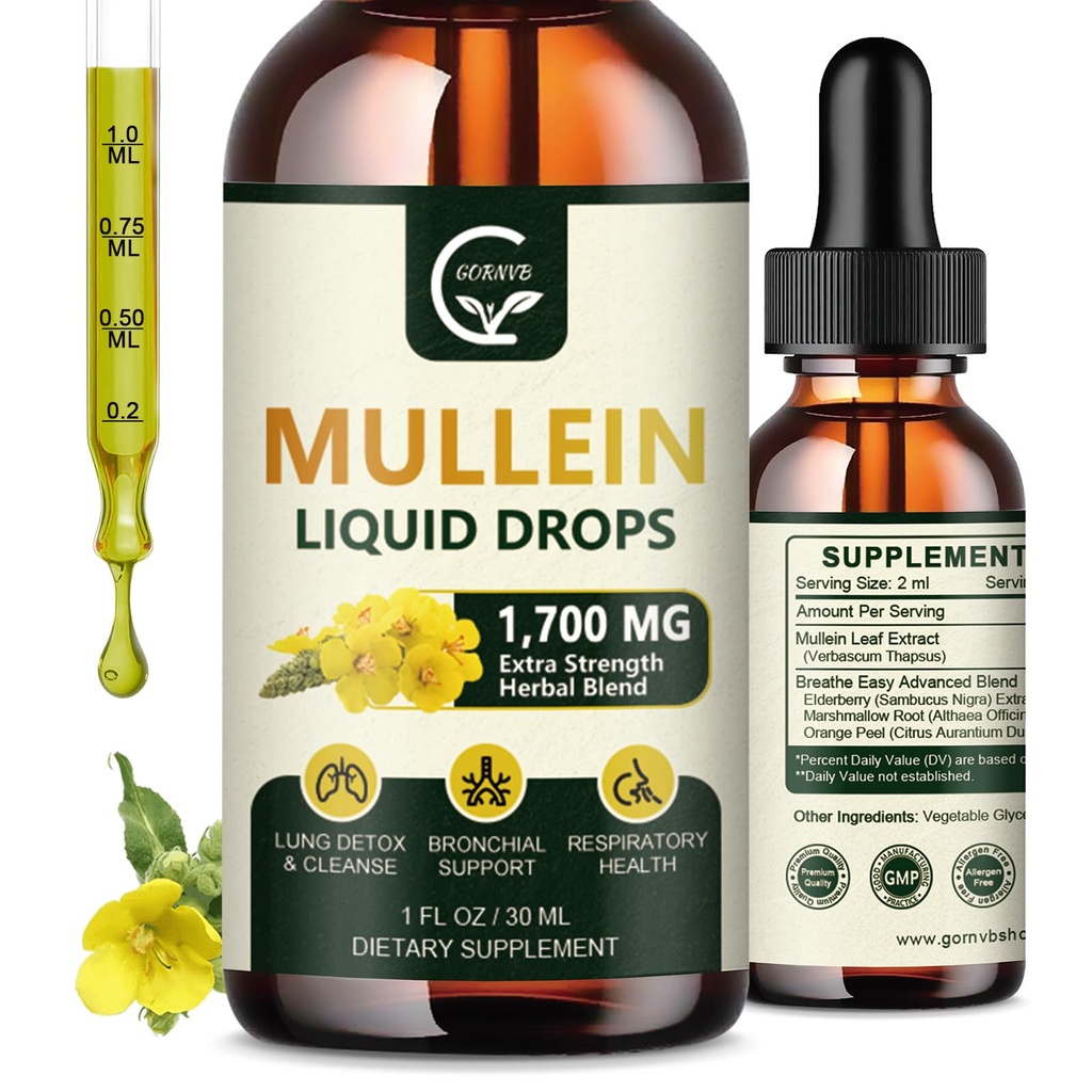 (2 Pack) Gocce di Mullein per polmoni - Lungs Cleanse e supporto respiratorio, Potente 4 in 1 Estratto di foglie di Mullein con Elderberry, radice di Marshmallow e rondella arancione per supporto Bronchial, 1 Fl Oz