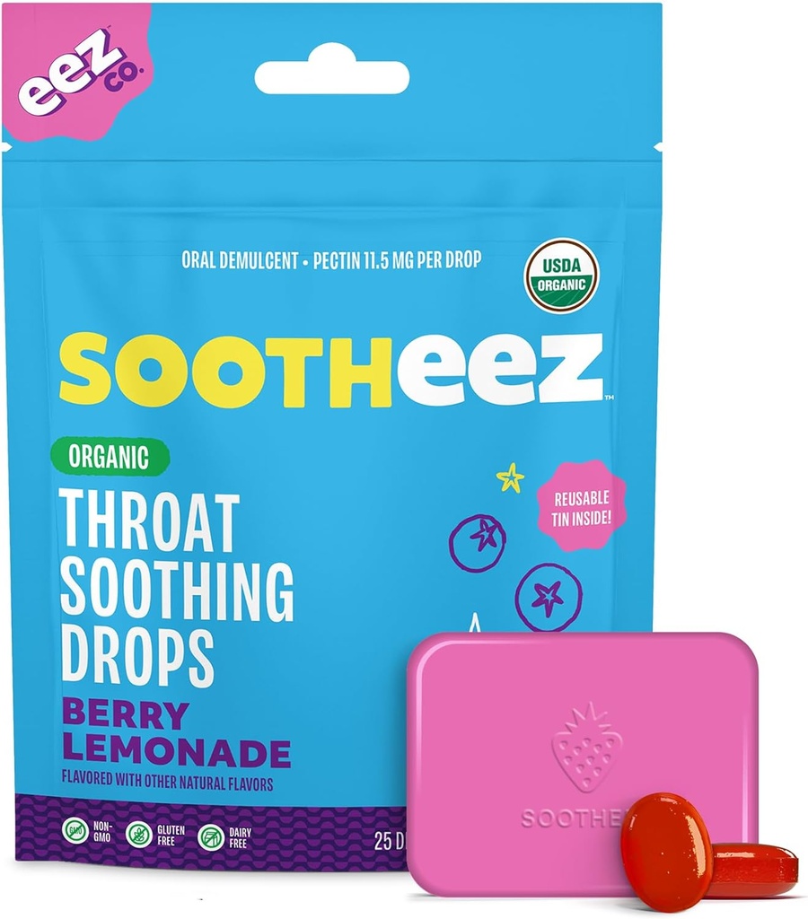 Sootheez Organic Throat Gocce calmanti per adulti, Berry Lemonade, 25 conte, ricaricabile, Great Tasting Drops that Sooth Sore Throats