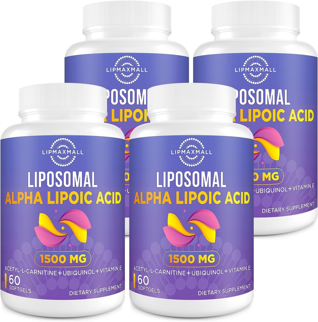 Acido Liposomico Alfa 1500mg - con Acetil-L-Carnitina 900mg & Ubiquinol 100mg & Vitamina E 15mg, Integratore ALA per Antiossidanti Metabolismo Nerve Energy,60 Softgels (4 Bottiglia)