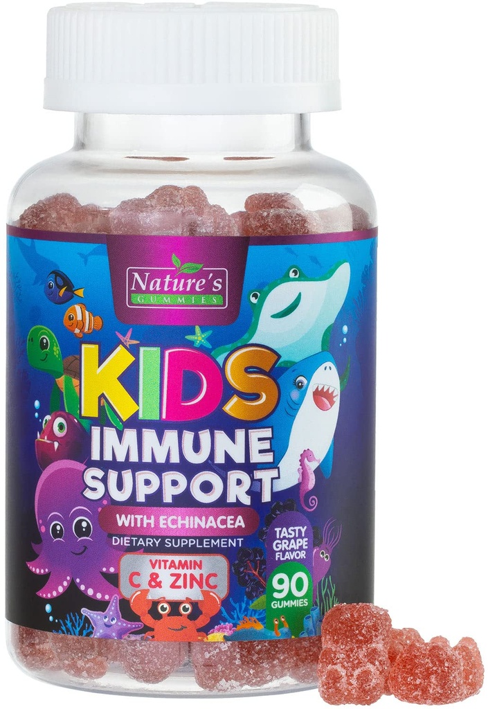 Supporto Immune per bambini Supplemento Gummies - Vitamine C, Zinc & Echinacea - Gomma per bambini Supporto per l'immunità, Età 4 e Su, Natural Berry Flavor, Non-GMO, Gluten-Free & Vegan - 90 Gummies
