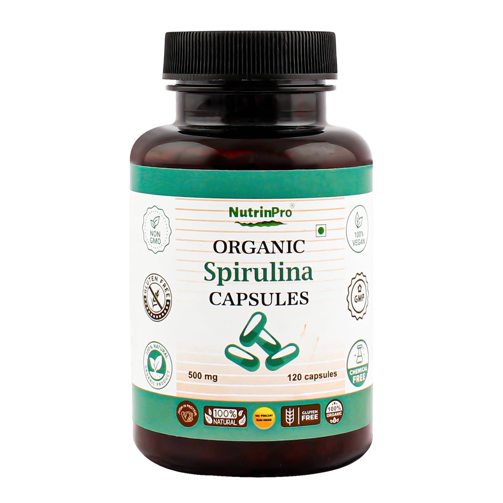 USDA Organic Spirulina Capsule - 100% Pure Vegan Supplement, Non OGM, Senza Glutine, Chimico-Free, (120)