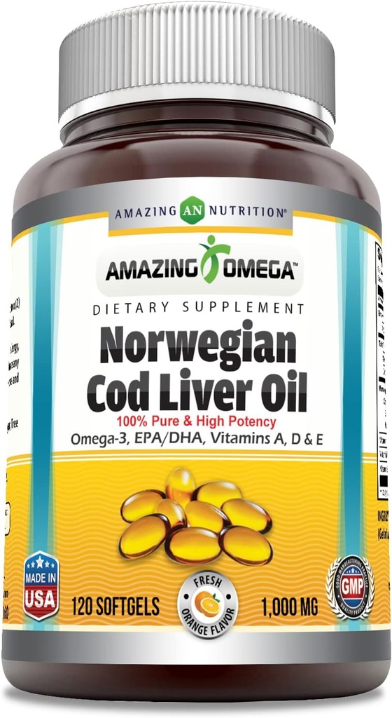 Incredibile Omega Norwegian Cod Liver Oil (Omega-3, EPA/DHA) Supplemento | 1000 Mg Per Serving | 120 Softgels | Arancione Flavor | Non OGM | Gluten-Free | Made in USA