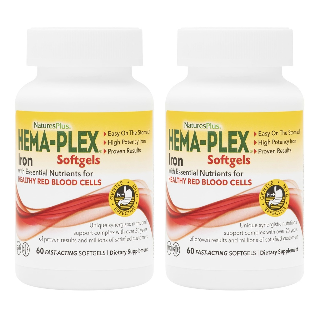 NaturesPlus Hema-Plex Iron - 60 Fast-Acting Softgels - 2 Pack - 85 mg Ferro + Vitamina C & Bioflavonoidi per cellule sane di sangue rosso - Vegan, Gluten Free - 40 Total Servings