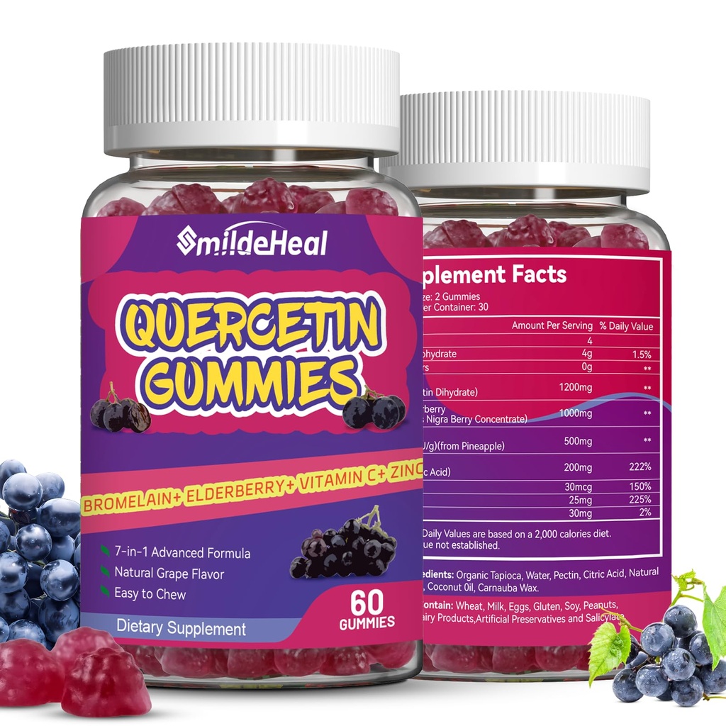 2 Pack Quercetin Gummies 1200MG, Quercetin Gummies con Bromelain, Zinc Vitamin C, Immune System Vegan Gummy for Adult & Kid, 120 Vegan
