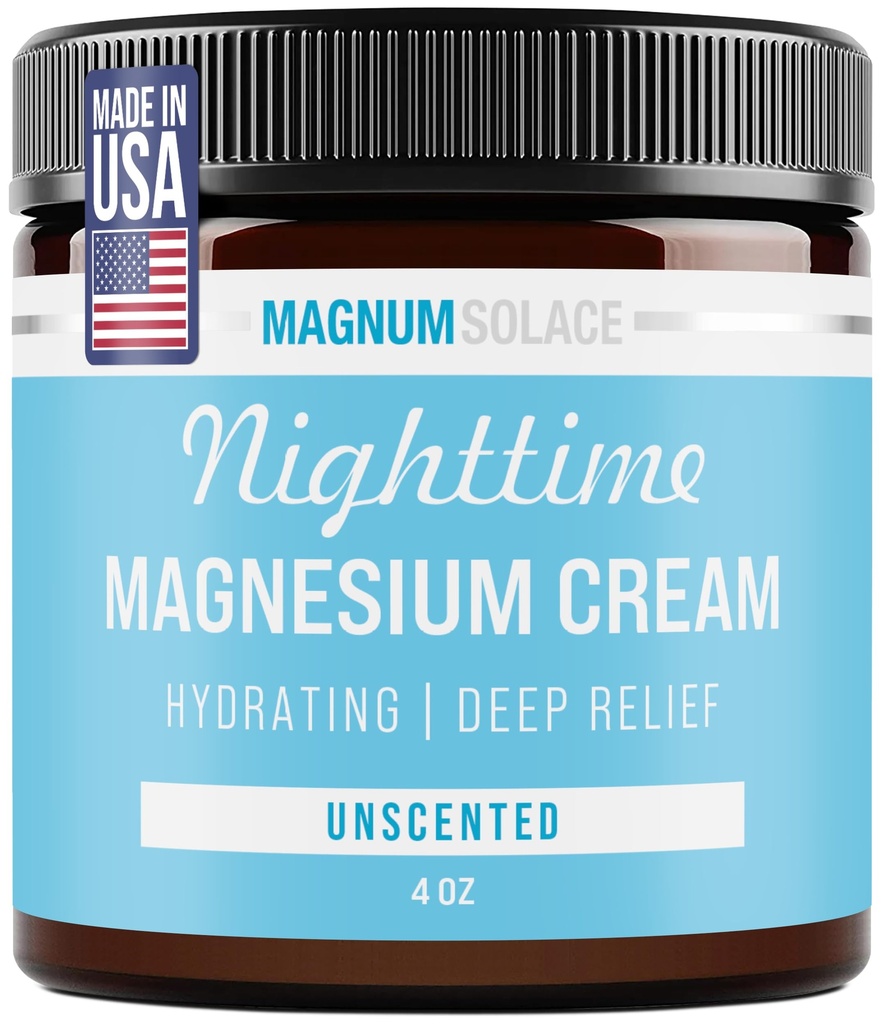 Magnum Solace Magnesio Lozione – Crema di notte idratante Applicare a gambe, braccia o petto - Cloruro Topico USA Made e sicuro per i bambini (senza profumo)