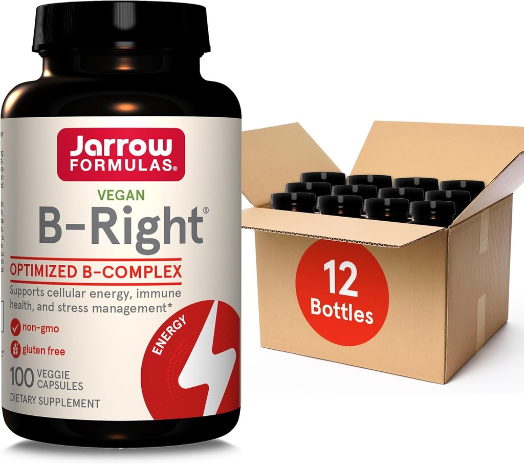 Jarrow Formulas B-Right,Optimized B Complex Con Vit B1,B2,B5,B6,B12 e B9 per sostenere l'energia cellulare, la salute immunitaria e la gestione dello stress, 100 Caps Veggie, fino a un'alimentazione di 100 giorni, pacchetto di 12