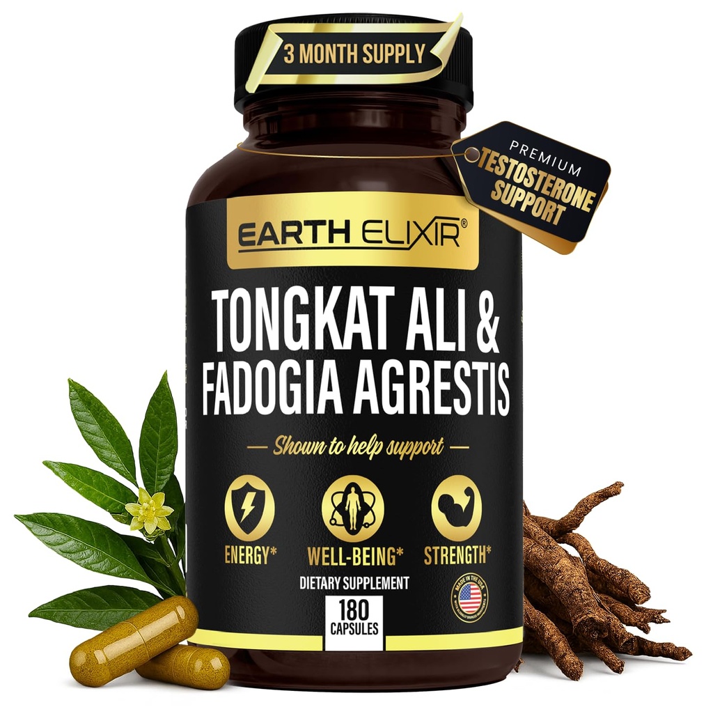 Earth Elixir Fadogia Agrestis & Tongkat Ali per Uomo & Donna – Integratore di testosterone naturale per gli uomini - Made in USA & 3rd Party Tested – Forza, Energia & Vitality - Longjack – 3 mesi di alimentazione