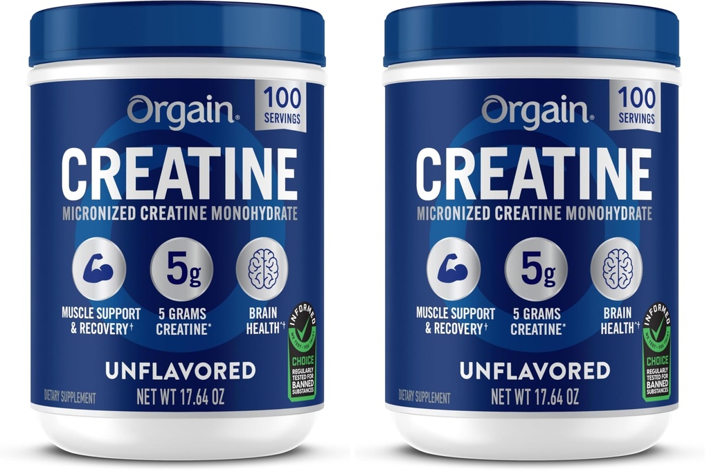 Orgain Creatina Monoidrato polvere micronizzata,100 Serve,Unflavored, Supporta la crescita del muscolo, Post Workout Recupero e salute del cervello,Nessuna componente artificiale, per gli uomini e le donne,Vegan,(Pack of 2)