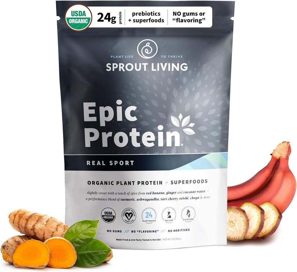 Sprout Living, Epic Protein, Polvere di proteine vegetali e superfoods, Polvere di proteine organiche di 24 grammi, Recupero, Vegan, Non Dairy, Non OGM, Gluten Free, Basso zucchero (1 Pound, 12 Servings)