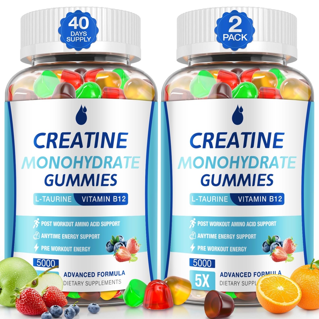 Creatina Gummies per gli uomini e le donne - Creatine Monohydrate Gummies 5g, Muscle Builder, Energy Boost & Pre-Workout Supplement, Low Sugar Taurine Chewable Gummy 2 Pack