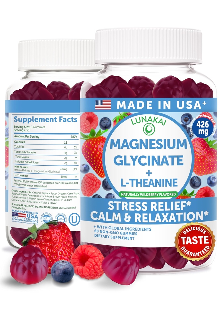 Lunakai USA Made Magnesium Glycinate Gummies 426mg con L-teanina – Calma, sonno, stress sollievo per adulti e bambini, Non-OGM, Vegan, 60ct