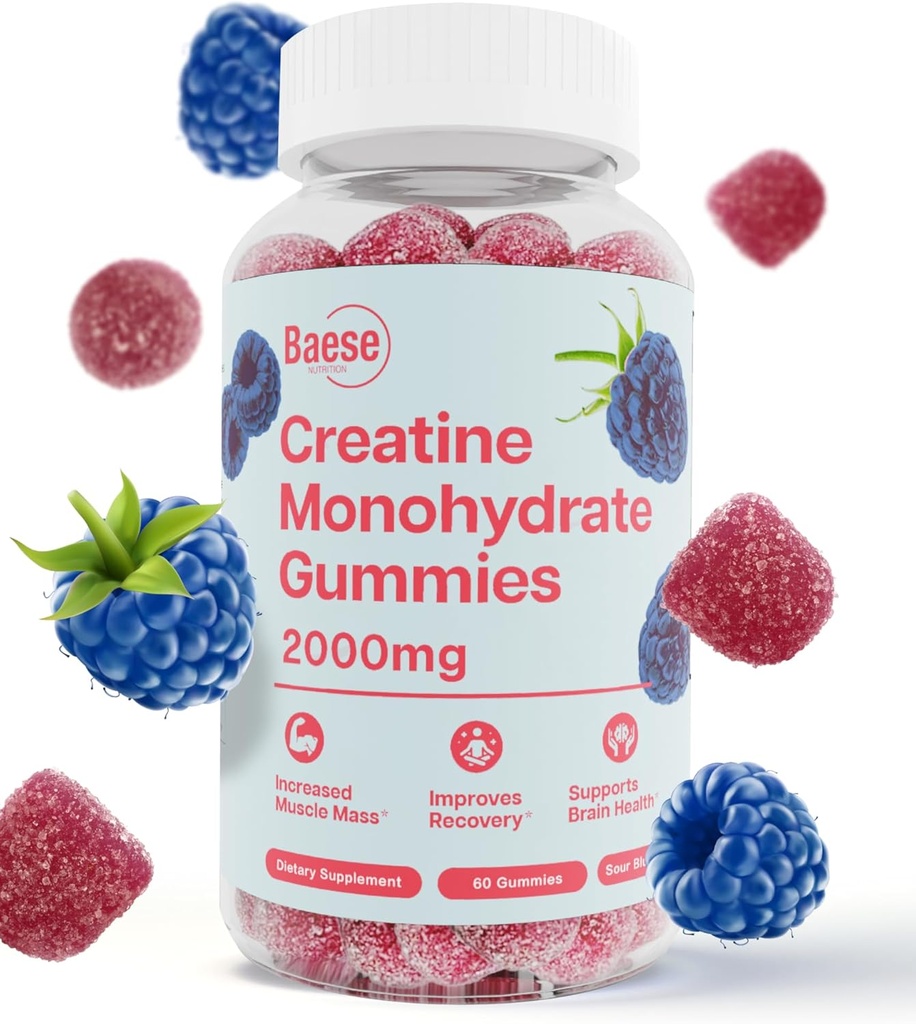 Creatina Monoidrato Gummies per uomini e donne - ad alta purezza Sour Blue Raspberry- Chewable Creatine Infuse Gummy per la forza muscolare & Energy Boost, Biodisponibile Pre-Workout Supplement