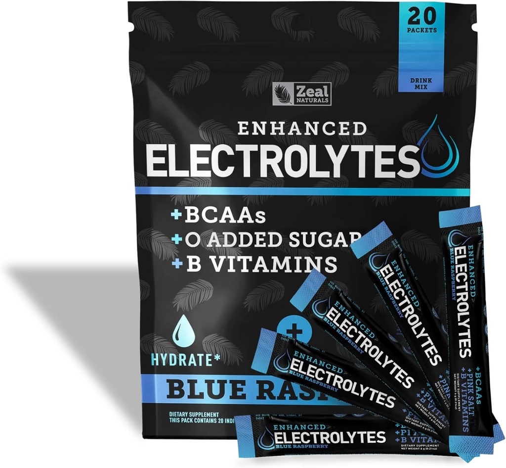 Pacchetti di bacchette di elettrolito potenziati (Blue Raspberry | 20 Packets) w/ 0 Zucchero +BCAAs +B-Vitamins Integratore elettrolitico w Potassium Zinc & Magnesio per l'idratazione - Keto Electrolytes