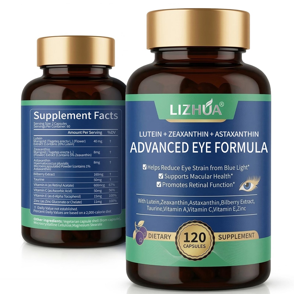 Lutein 40mg & Zeaxanthin 8mg Vitamine di occhio, con Astaxantina, Bilberry, Taurina, Vitamine A C E Zinc, Blue Light & Macular Support, 120 capsule vegetali