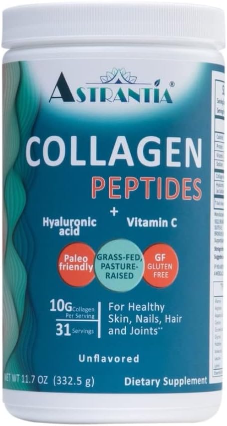 ASTRANTIA Collagen Peptides Polvere, Grass-fed Collagen non aromatizzato con acido ialuronico e vitamina C per unghie sane, pelle, capelli e articolazioni | Paleo Friendly | Gluten Free | Non OGM |11.7 OZ