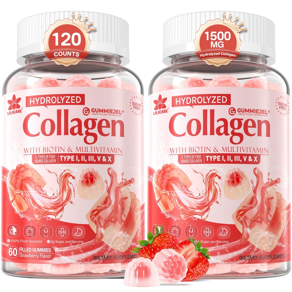2Pack senza zucchero collagene idrolizzato Peptide riempito Gummies per le donne e gli uomini, con 1500 mg Proteine Tipo I,II,III,V,X, 5000mcg Biotin Vitamina C A E D3 B6 B12 per unghie capelli della pelle di di digestione immuni, Bone