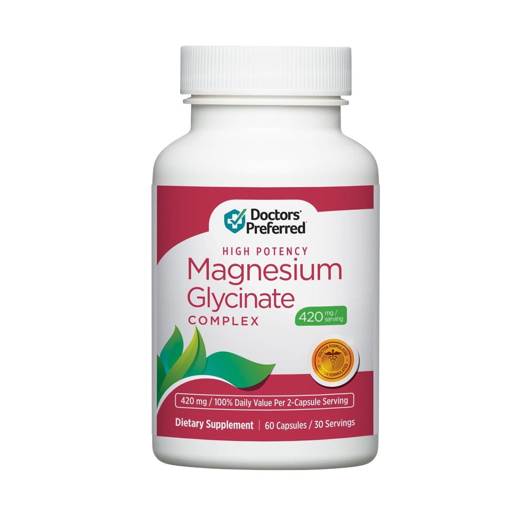 DOCTORS' PREFERRED High Potency Magnesium Glycinate Complex- Doctor-Developed Formula per la salute del cuore, il supporto del mood e più | 420 mg per la fornitura di servizio | 30-Day