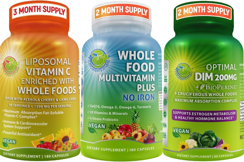 SUPPLEMENTARI STUDIO Vegan Immune, Energy & Hormone Support Bundle for Men and Women – Vegan Whole Food Multivitamin Senza Ferro + Vitamina Liposomal C 1500mg + Optimal DIM 200mg con BioPerine®
