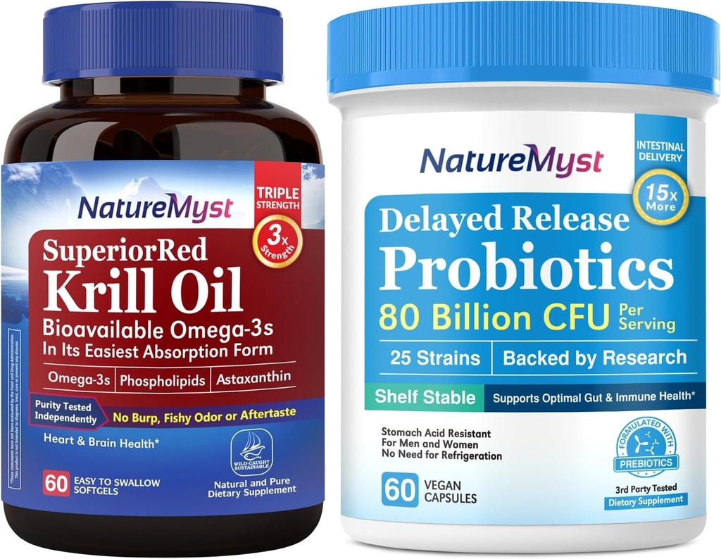 Olio di Krill 1000mg e Probiotici Bundle, Omega 3s con DHA EPA & Astaxanthin, Plus 80 miliardi di CFU 25 Strains, Gut, Cuore e Funzione Immune, Non OGM, Made in USA, 60 Softgels + 60 capsule