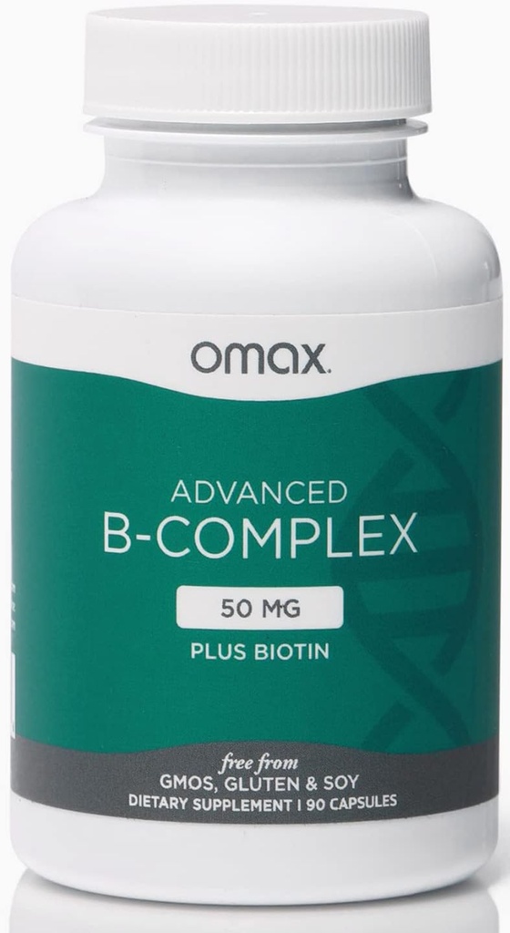 Omax3 Advanced Vitamin B Complex 50MG con Biotin | Strong & Shiny Hair, Skin Nails, Support Stress, Immunità, Metabolismo Energetico, 90 Capsule