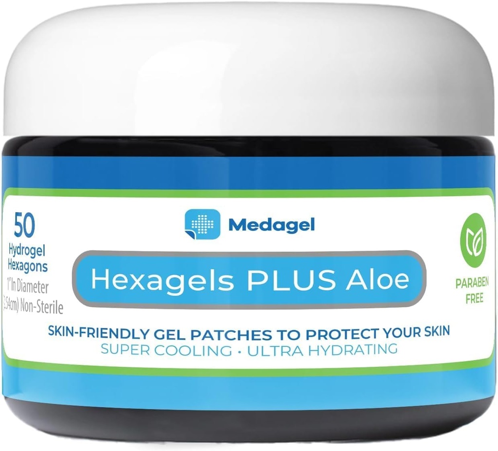 Hexagels Plus Aloe Vera - Guarnizione avanzata Hydrogel Pads per Blister Prevention & Soothing Burn Care - Foot, Heel, Toe, & Ankle Protection, Pack of 50, 1-Inch Patches, di Medagel, Paraben Free Formula