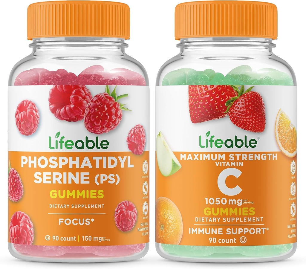 Phosphatidylserine vitale (PS) + Vitamina C 1050mg, Gummies Bundle - Grande degustazione, Supplemento di vitamina, Senza glutine, OGM libero, pancia masticabile