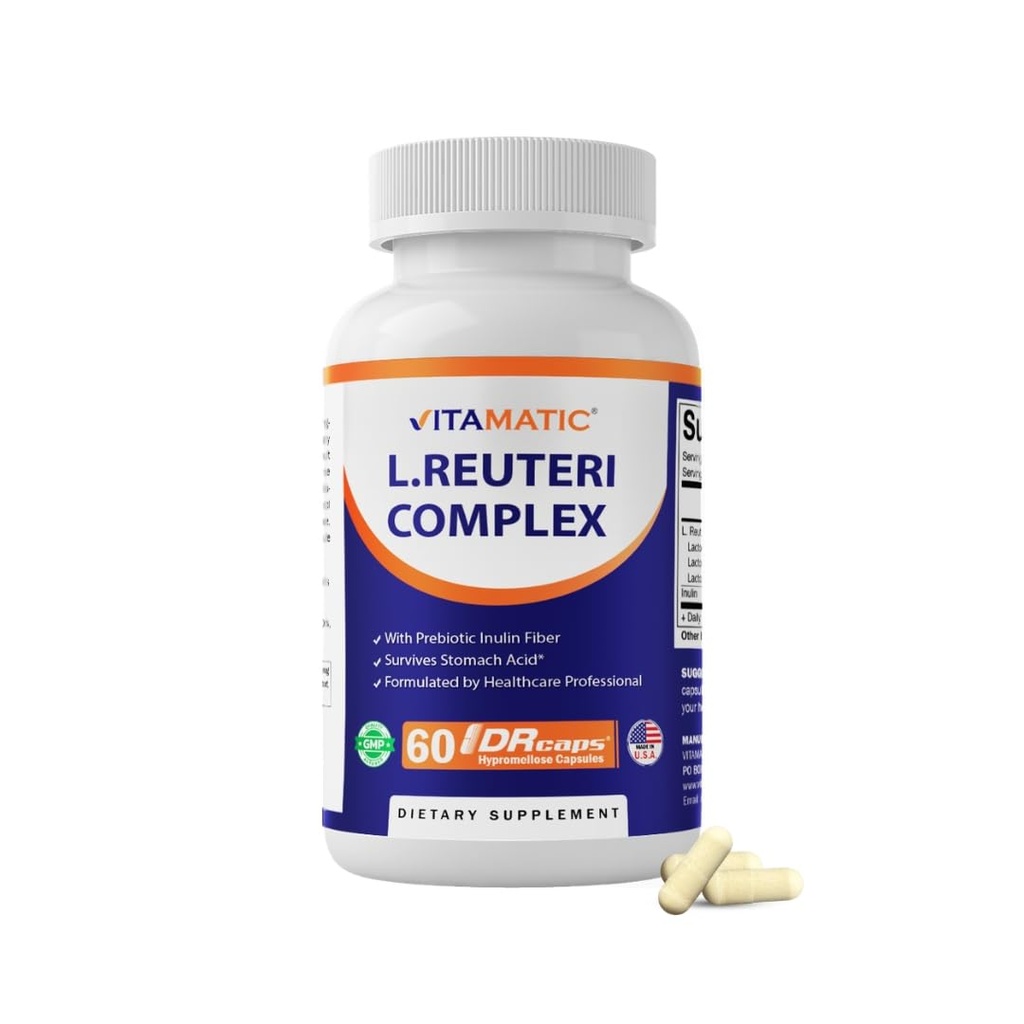 Vitamatic Lactobacillus Reuteri Complex – 22 miliardi di CFU per capsula di rilascio ritardata – 60 capsule – Digestivo & Gut Health Support – con fibra di Inulina Prebiotico