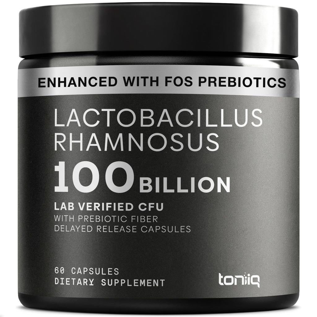 Toniiq Lactobacillus Rhamnosus – Ultra High Strength 100B CFU con Prebiotic FOS – Capsule di rilascio ritardati – Laboratorio di terze parti testato – 60 capsule