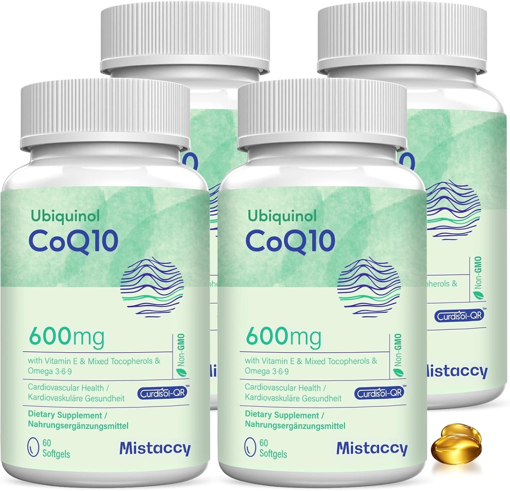 CoQ10 600mg Softgels | High Absorption CoQ10 Ubiquinol Supplemento | Forma ridotta potenziata con vitamina E & Omega 3 6 9 | Powerhouse antiossidante Buono per la salute| 240 Softgels