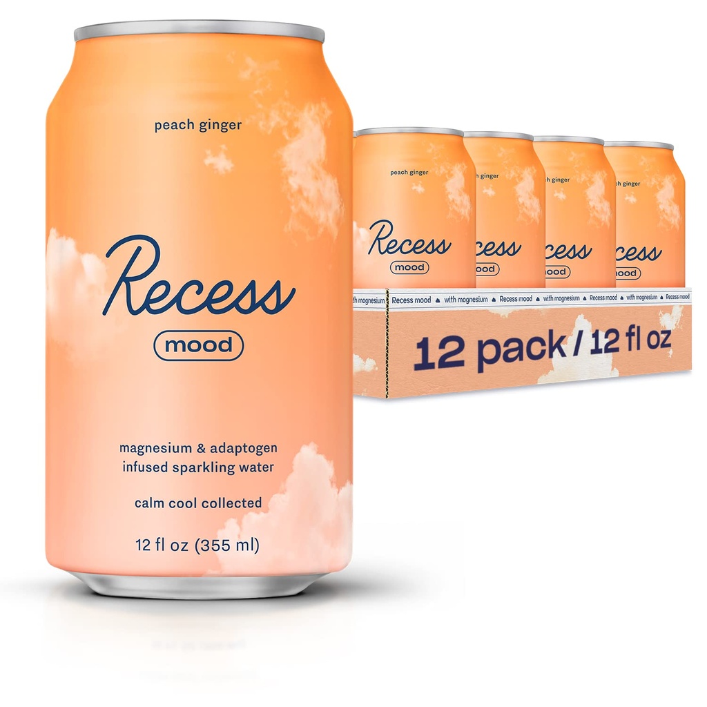 Recess Mood Magnesium & Adaptogen Drink, Relax Bevande, 12 once (Peach Ginger, 12 pack)
