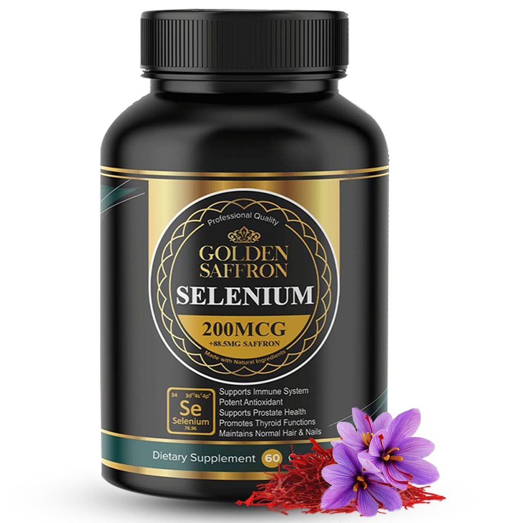 Golden Saffron Selenium (200mcg Selenium & 88.5 mg Saffron Extract) - per sostenere la salute generale, non OGM, senza glutine, Dairy Free, con formula unica e avanzata – Made in USA & Tasteless.