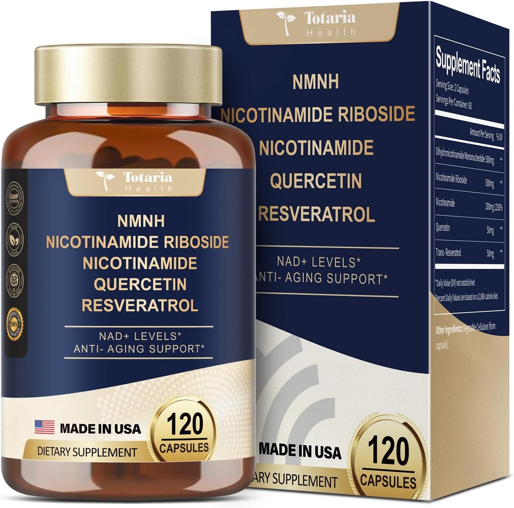 Totaria NMNH (Dihydronicotinamide Mononucleotide), NMNH Supplement w/Niacinamide (Vitamin B3), Quercetina, Trans-Resveratrolo, Supporto NAD+, Skin Cell Health*, Anti-invecchiamento & Energy, 120 Caps