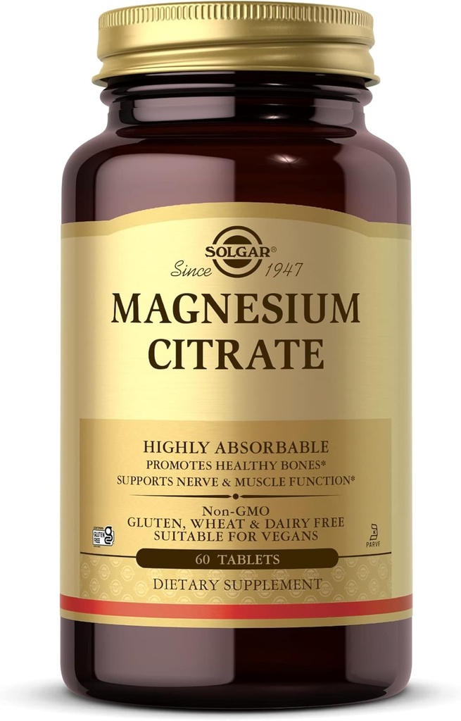Solgar Magnesium Citrato - 60 compresse - Promuove le ossa sane, Supporta la funzione Nerve & Muscolo - Altamente assorbibile - Non OGM, Vegan, Gluten Free, Kosher - 30 Serve