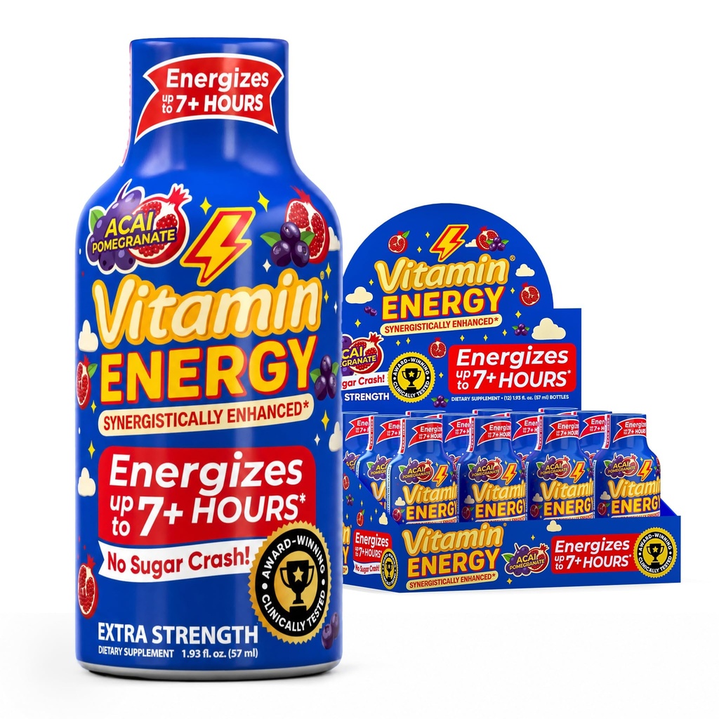 Vitamina Energy B12 11.000% Extra Strength Energy Shot Açaí Pomegranate 12 Pack, 260mg Natural Caffeine, B12 & B6, Nootropic Focus, Vitality, Zero Sugar, Gluten-Free, Vegan, Kosher, 1.93 fl oz