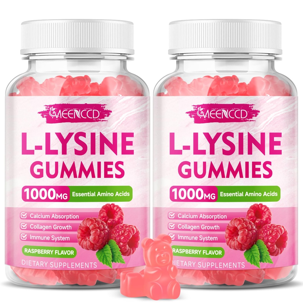2 Confezione L-Lysine 1000mg Gummies, Lysine Supplement per adulti e bambini, Aminoacido essenziale per labbra e salute orale, Boost Immune & Collagen & Calcium, Senza zucchero, Sapore di lampone, 120 Conte