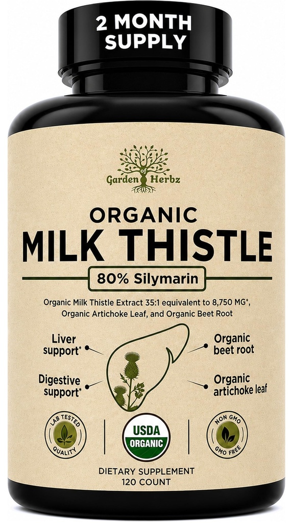 USDA Organic Milk Thistle Supplement Capsules - Liver Detox, 120 Count