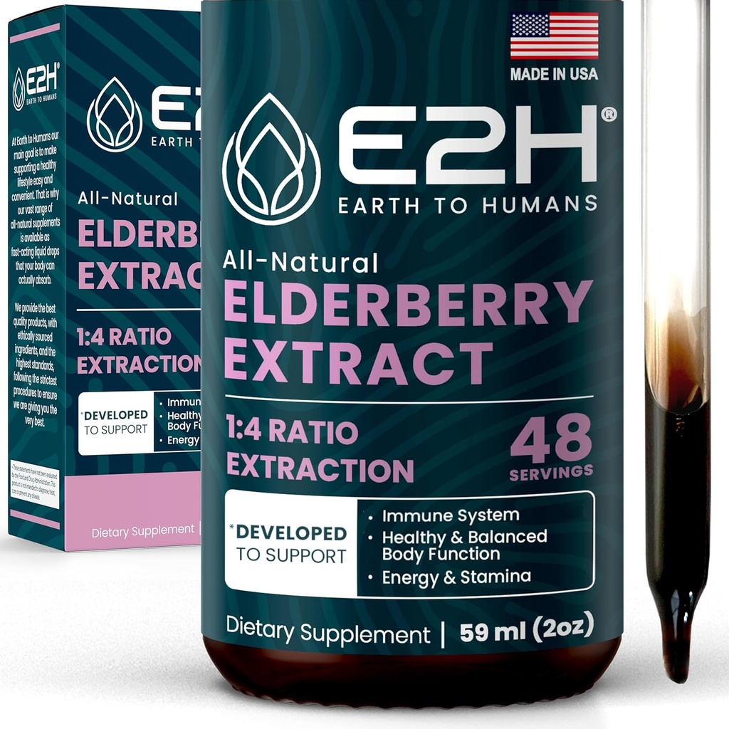 E2H Elderberry Syrup - Antiossidanti potenti Supplemento di Elderberries Organici Estratto - Sambucus Elderberry Syrup per bambini e adulti per il supporto immunitario - Non-GMO, Vegan - 2 Fl Oz