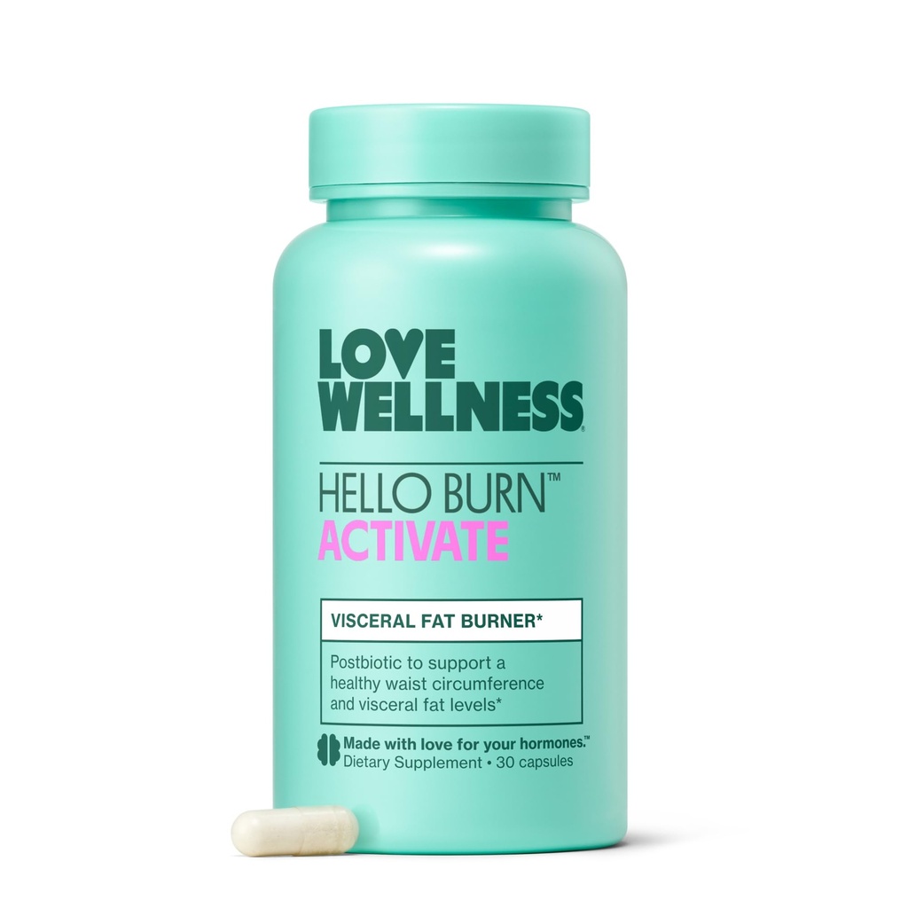 Love Wellness Hello Burn Activate | Support Visceral Fat Burn con HT BPL1 Postbiotic | Supporta la circonferenza sana della vita, la longevità e il benessere metabolico | 30 Count