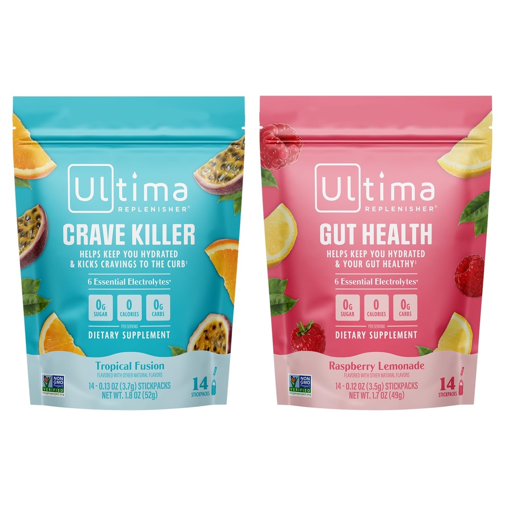 Ultima Replenisher Electrolyte Powder Drink Mix Bundle – Sugar Free – Crave Killer e Gut Health, 14 Stickpacks – 6 elettroliti e minerali – Keto Friendly, Vegan, Non OGM
