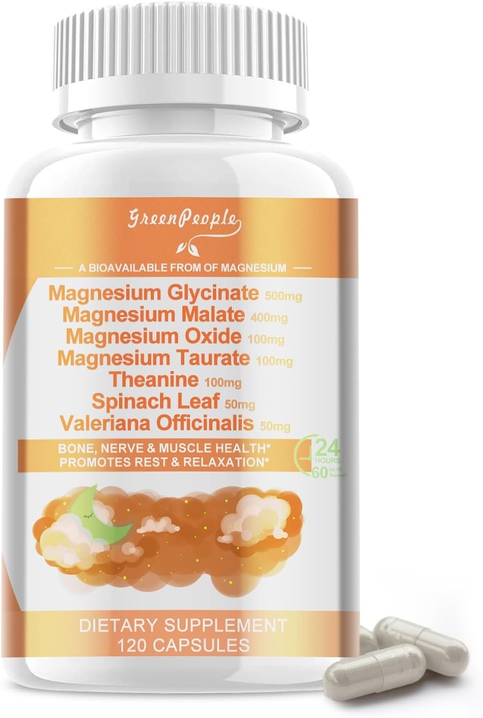 Magnesio Glycinate 500 mg per Serving, con Malate, Taurate & Oxide, Magnesio Supplemento per Muscolo, Bone,Sleep e Digestion Support, 120 Vegan Capsule, Non OGM