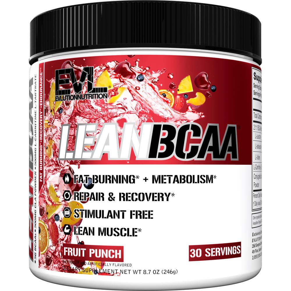 Stimulant Free Lean BCAA Powder - Evlution Nutrition BCAAs Aminoacidi Polvere con CLA Carnitina e 2:1:1 Aminoacidi a catena ramificata Supporta il recupero del muscolo Fat Burn and Metabolism - Fruit Punch
