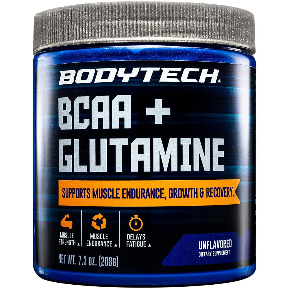 BodyTech BCAA + Glutamina Polvere con vitamina C, L Glutamina & More, Essential Pre Workout o Post Workout Aminoacidi per uomini e donne, non aromatizzati, 7.3 Oz, 30 Serve