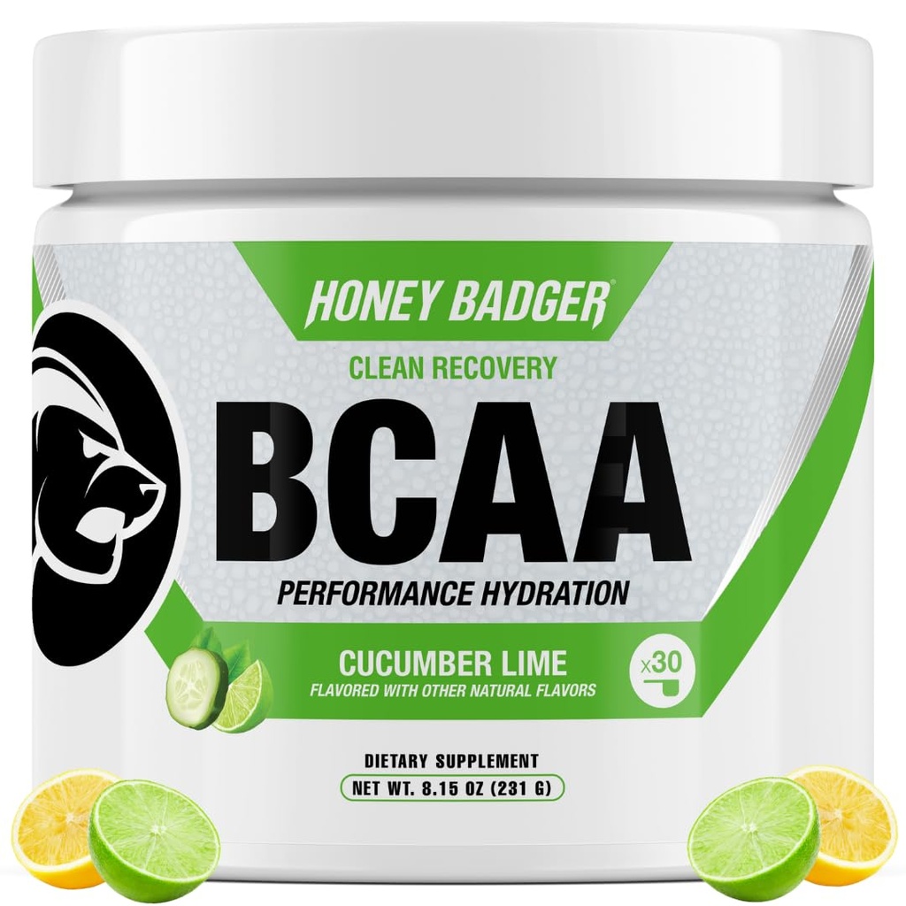 Miele Badger BCAA + polvere di aminoacidi EAA, BCAAs + L-Glutamina, Keto, Vegan, Zucchero Libero per gli uomini e le donne, Hydration & post allenamento recupero muscolare Bere Mix, Lime di cetriolo, 30 Servings