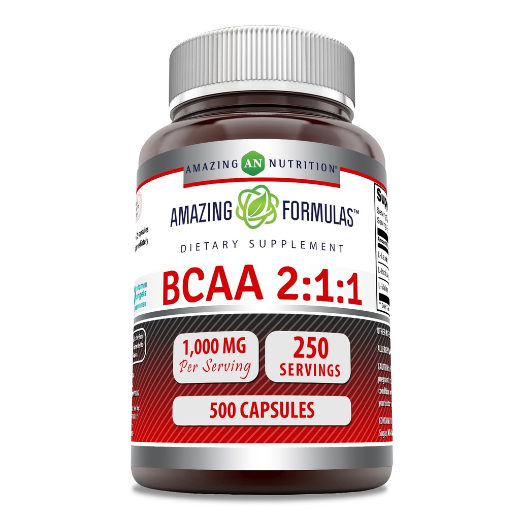 Incredibile formule BCAA 2:1 1000 Mg per servire capsule | Aminoacidi a catena ramificata Supplemento | Non OGM | Gluten-Free Made in USA (1 pacchetto, 500 conte)