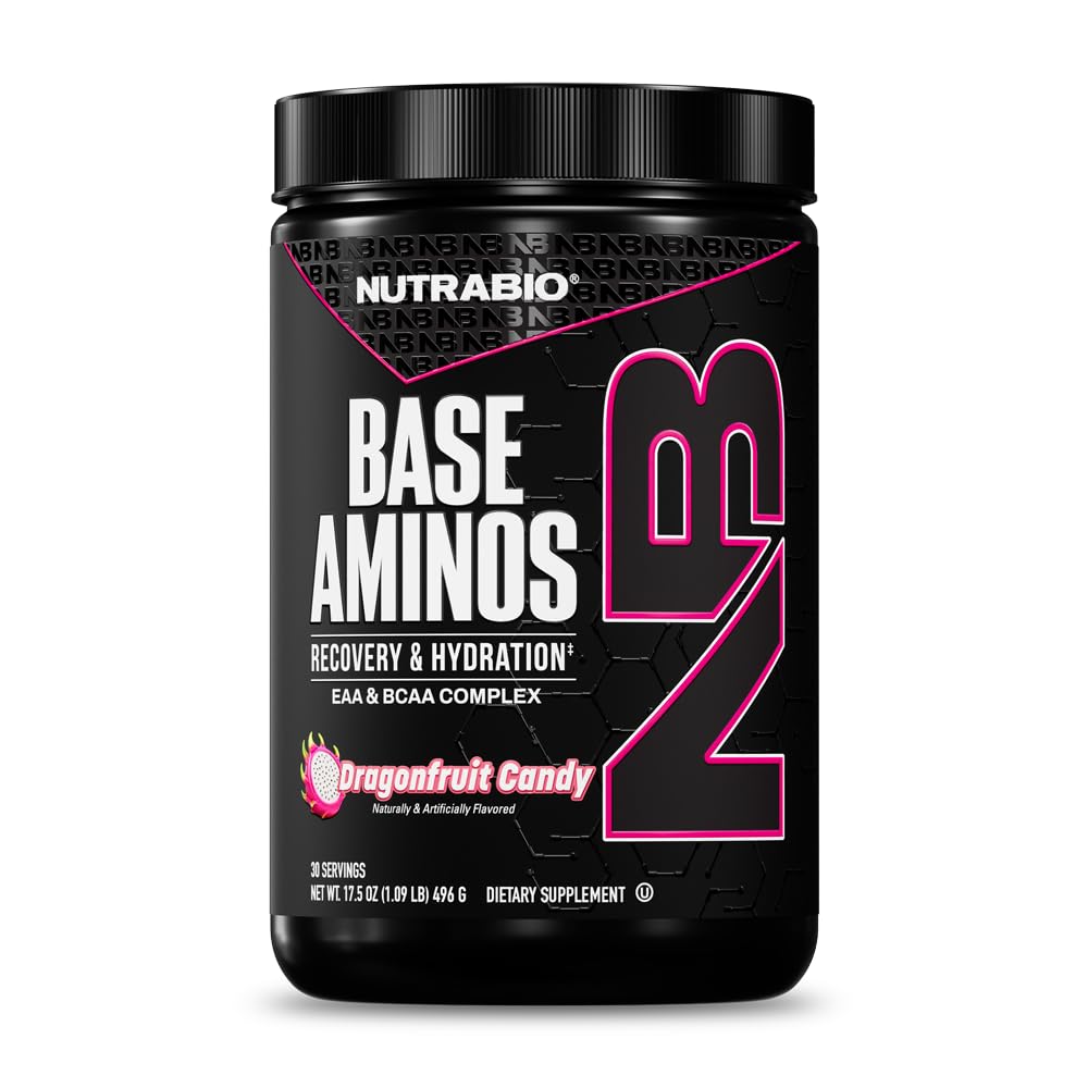 NutraBio Base Aminoacidi EAA + BCAA Polvere – supplemento di aminoacidi essenziali 10g, 6g 2:1 BCAAs, matrice di idratazione da 2,8g con elettroliti e assorbimento Enhancer AstraGin® – 30 Servings- Dragon Fruit Candy