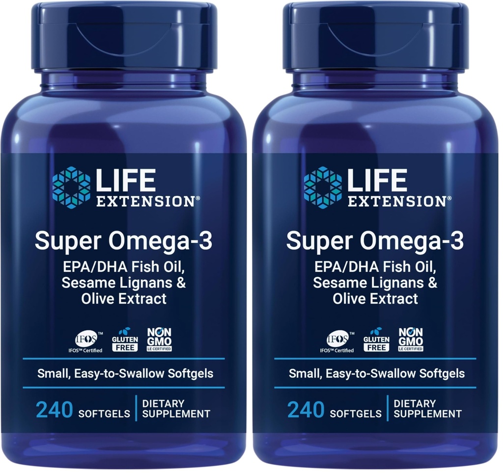 Estensione della vita Super Omega-3 EPA/DHA Fish Oil, Sesamo Lignans & Olive Extract – Cuore, Cervello, Inflammation Health Support, Gluten-Free, Facile da ingoiare, Non-GMO, 240 Softgels (Pack of 2)