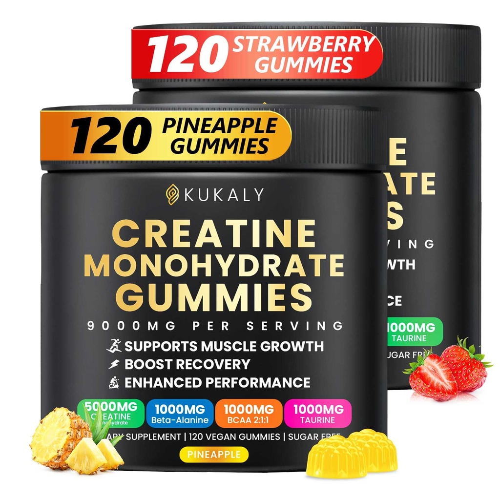 Creatina Monoidrato Gummies per uomini e donne, 9000MG Creatina Gummies Sugar Free -BCAA 2:1, B12 B6 per aumentare la resistenza, Focus & Endurance, Vegan, Non OGM