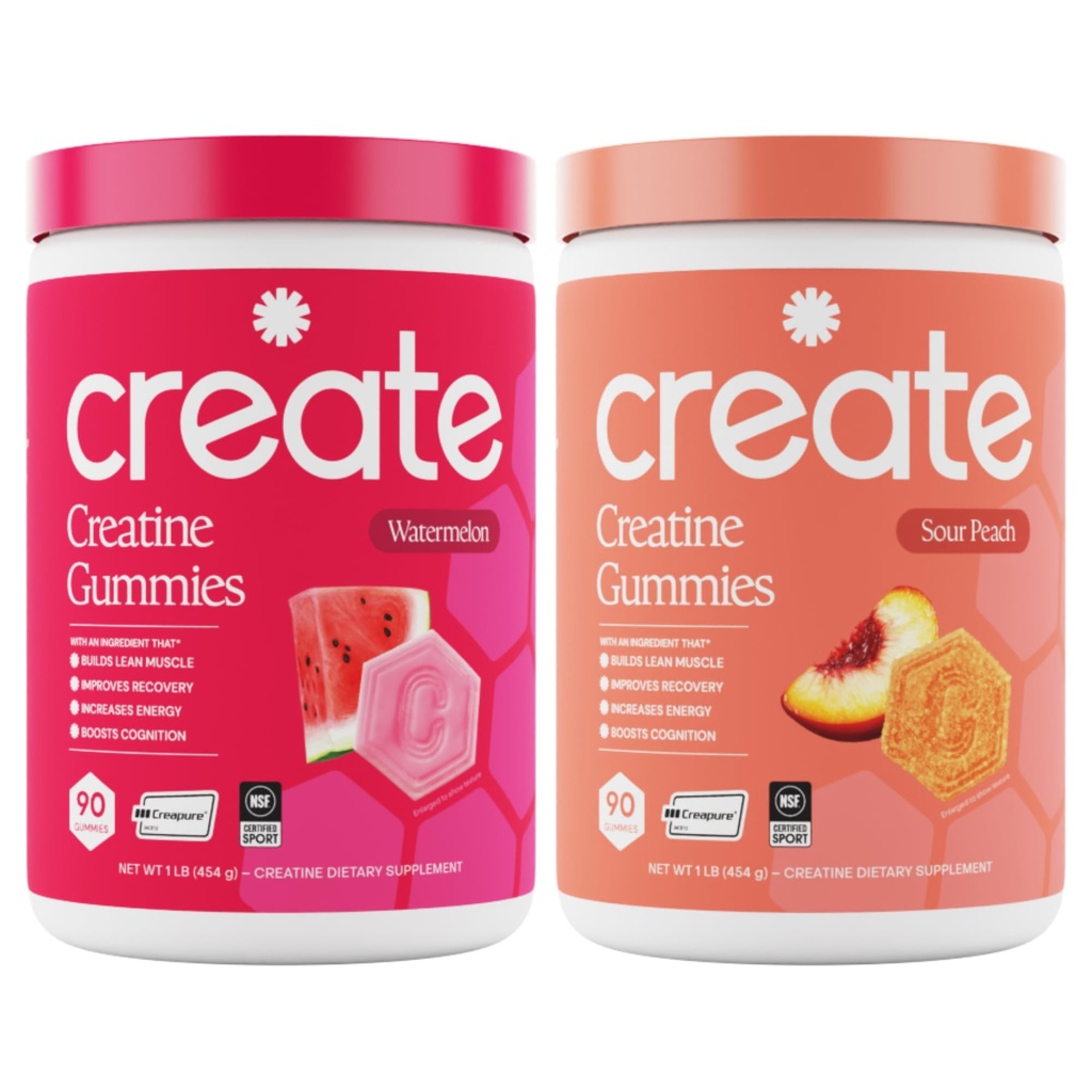 Creatina Monohydrate Gummies - Beach Day Duo - Sour Peach & Watermelon - Creatine Gummies for Women & Men, NSF Certified, 3rd Party Tested, Anti-Melting Formula, 180 Count (2-Pack)