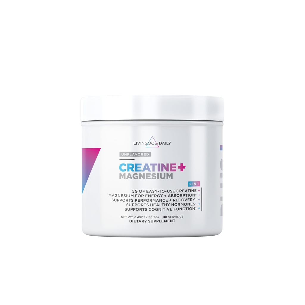 Livingood Daily Creatine + Magnesium Powder, Unflavored | 5g Monoidrato di Creatina Micronizzata con Magnesio per Energia, Recupero Muscolare & Performance | 30 Serve