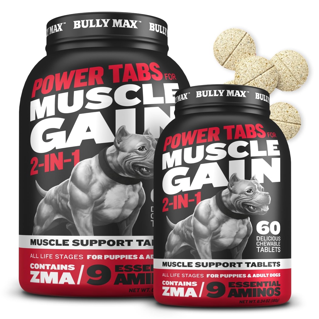 Bully Max 2-in-1 Tavolini da masticare per cani e cuccioli - Vitamine di cane e integratori per guadagno e crescita del muscolo - Canine Puppy Multivitamins per tutte le razze & Età - 60 Tab (2 Bottiglie)